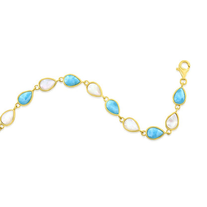 Sterling Silver, Alternating MOP & Larimar Pearshaped Bracelet - Gold Plated