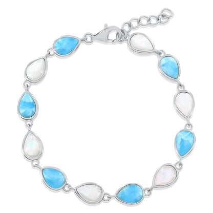 Sterling Silver, Alternating MOP & Larimar Pearshaped Bracelet