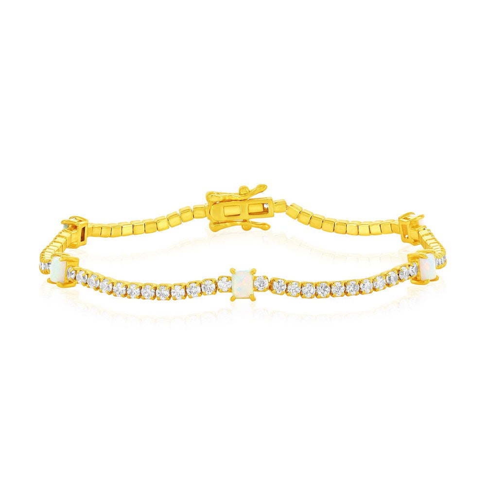 Sterling Silver, 4-Prong Rectangle Opal & CZ Bracelet - Gold Plated