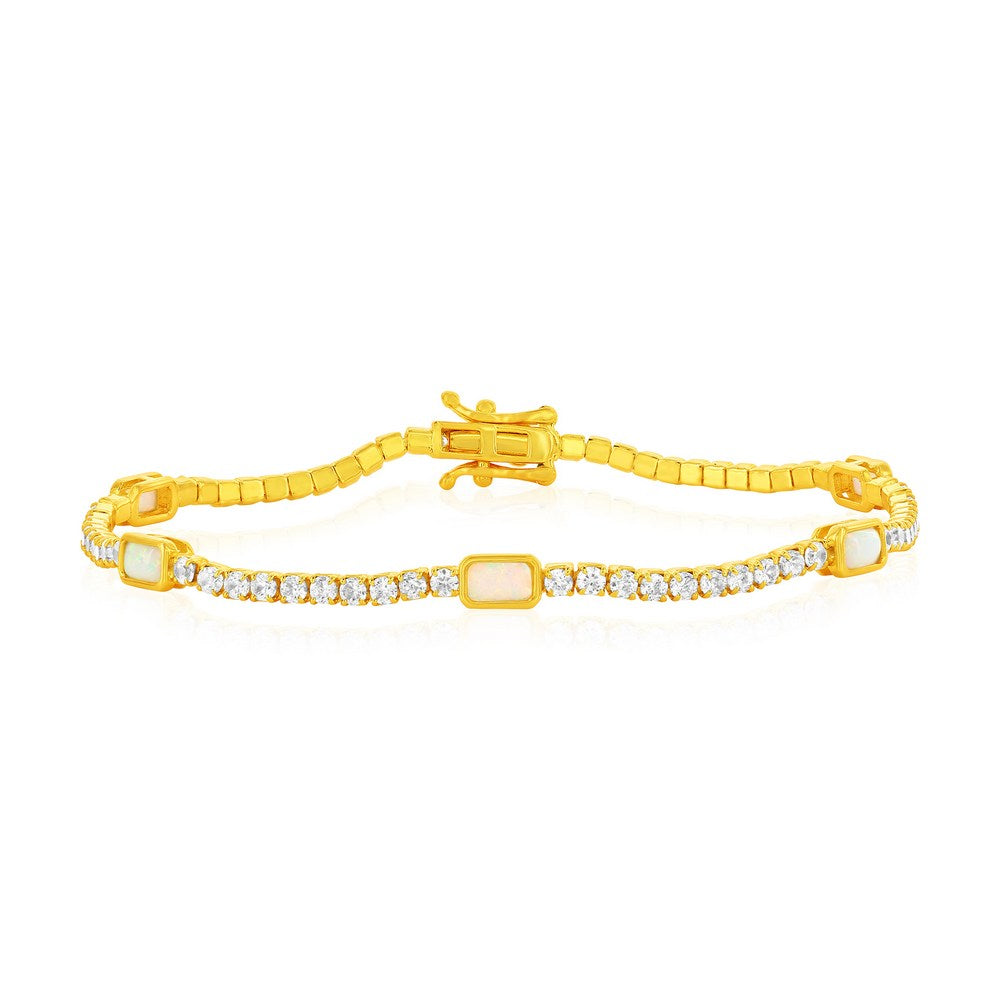 Sterling Silver, Rectangle Opal & CZ Bracelet - Gold Plated