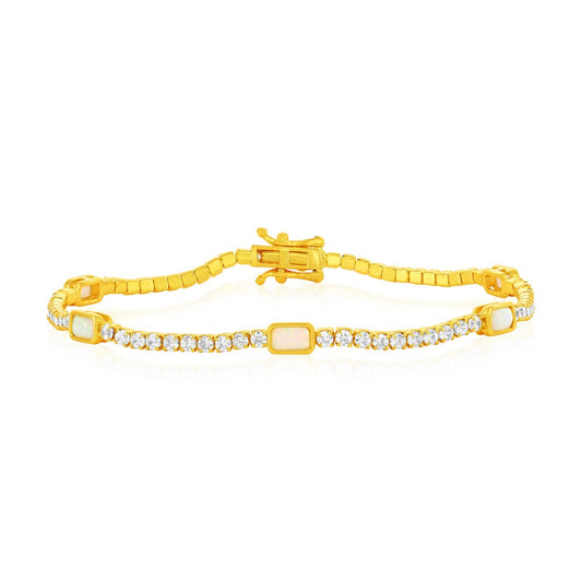 Sterling Silver, Rectangle Opal & CZ Bracelet - Gold Plated