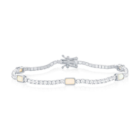 Sterling Silver, Rectangle Opal & CZ Bracelet