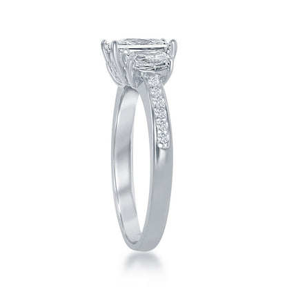 Sterling Silver, Three-Stone CZ with Half CZ Band Engagement Ring