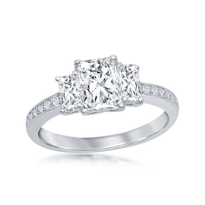 Sterling Silver, Three-Stone CZ with Half CZ Band Engagement Ring