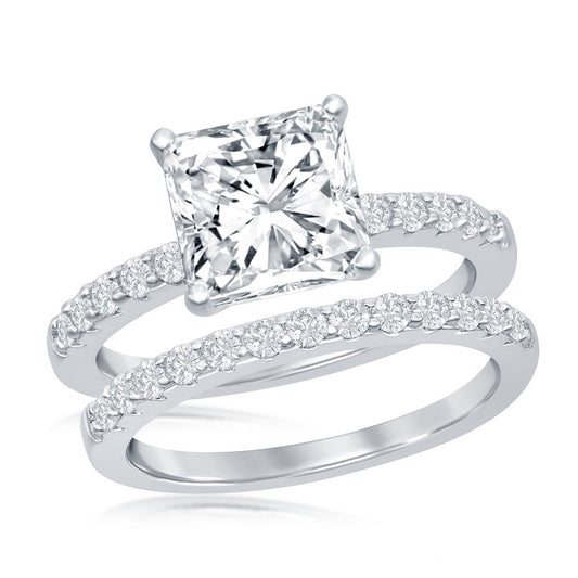 Sterling Silver, Princess-Cut Half CZ Band Engagement Ring Set