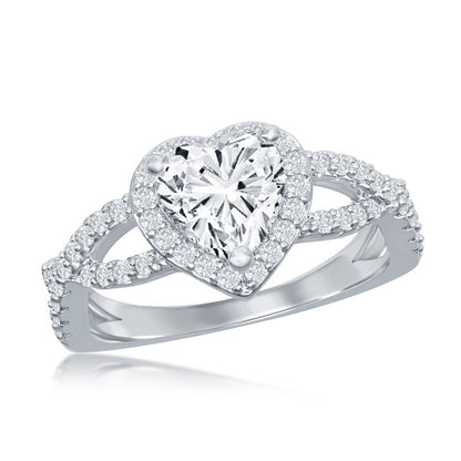 Sterling Silver, Intertwined Shank Heart CZ Engagement Ring