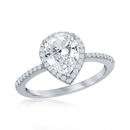 Sterling Silver, 11mm Pear-Shaped Halo Half Pave Band Engagement Ring