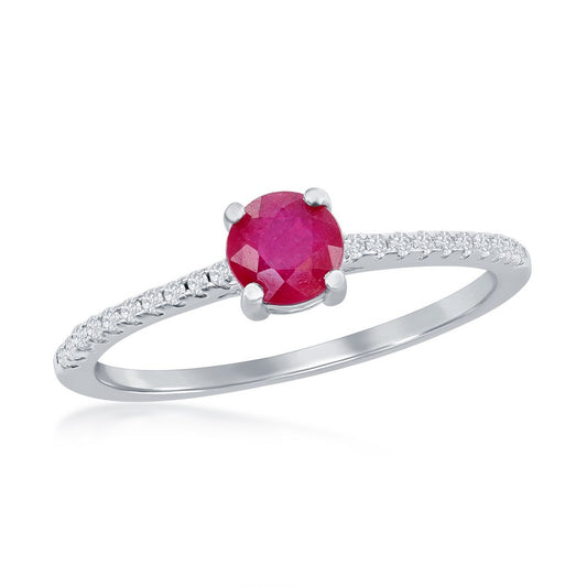 Classic Of New York sterling silver ruby solitaire ring with a round ruby gemstone and detailed band