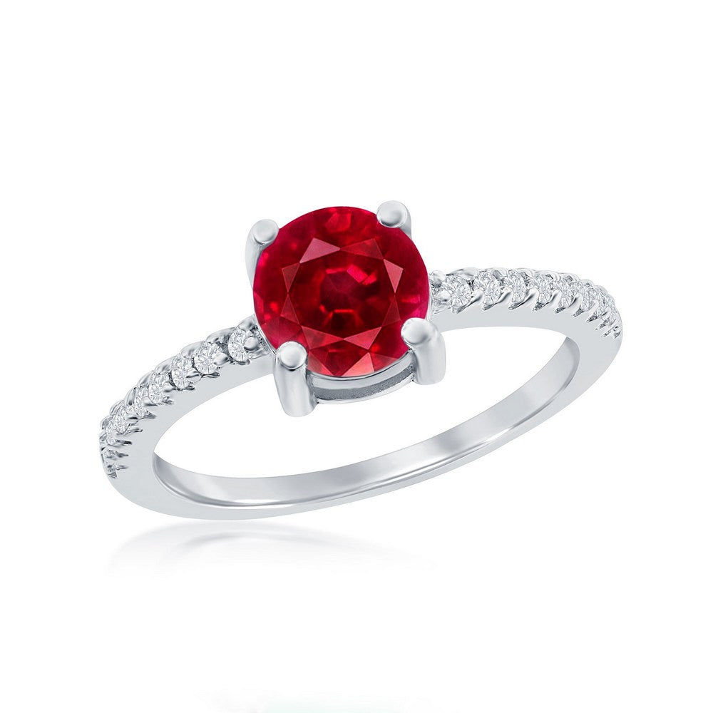 Sterling Silver, 6mm Glass Filled Ruby with White Topaz Ring