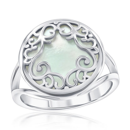 Sterling Silver, Round MOP Filigree Design Ring