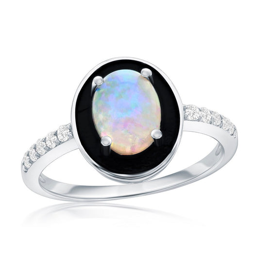 Sterling Silver, White Opal & Black Enamel Oval CZ Ring