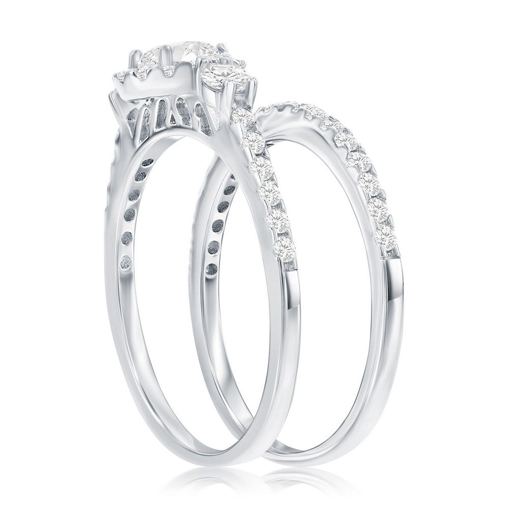 Sterling Silver Round Halo CZ 2-PC Engagement Ring