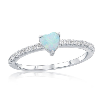 Sterling Silver, White Opal Heart & CZ Ring