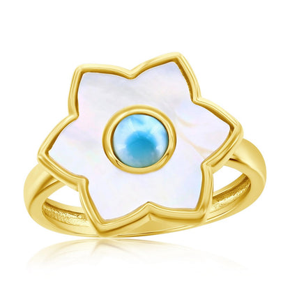 Sterling Silver, Larimar & MOP Flower Ring - Gold Plated