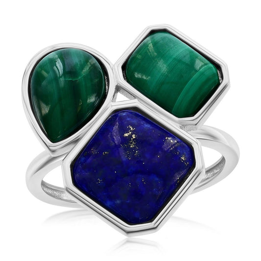 Sterling Silver Multi-Shaped Malachite & Lapis Ring