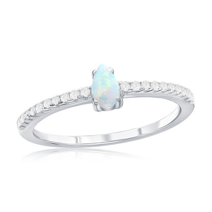 Sterling Silver, Oval White Opal & CZ Ring