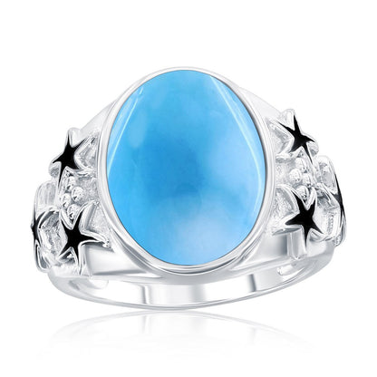 Sterling Silver, Oval Larimar, Oxidized Starfish Ring