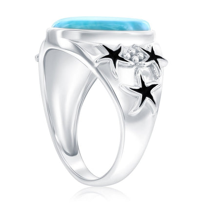 Sterling Silver, Oval Larimar, Oxidized Starfish Ring
