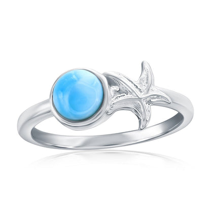 Sterling Silver, Round Larimar & Starfish Ring