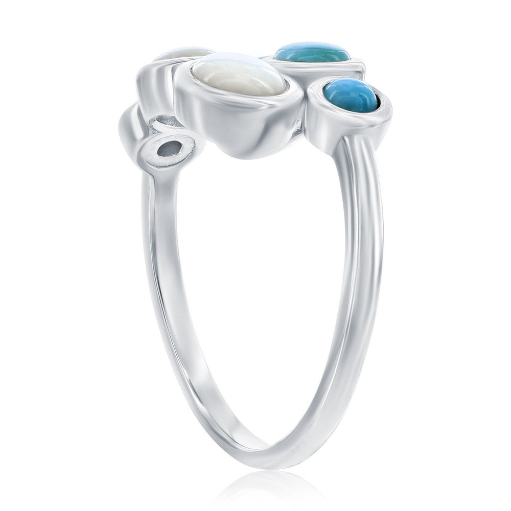 Sterling Silver, Graduating Round MOP & Larimar Bypass Ring