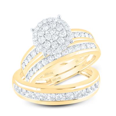 14k Yellow Gold Round Diamond Cluster Matching Wedding Trio Ring Set 1-1/2 Cttw