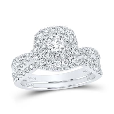 14k White Gold Round Diamond Halo Bridal Wedding Ring Set 1 Ctw (Certified)