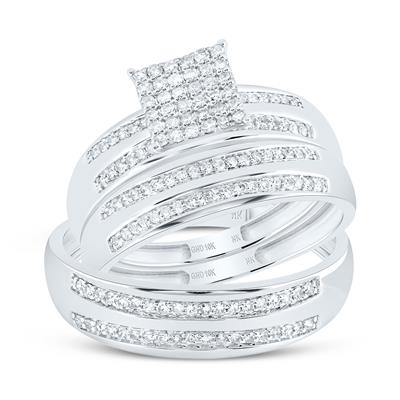 10K WG 1/2CTW-NATURAL DIAMOND SQUARE TRIO SET - HIS & HER WEDDING RING SET