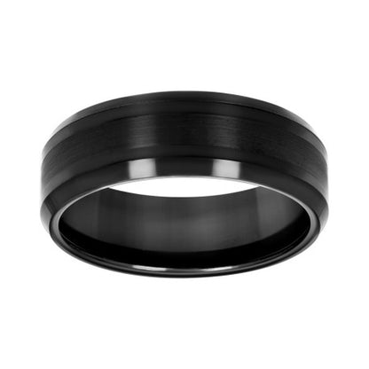 Stylish black tungsten wedding band with a sleek brushed finish and polished edges